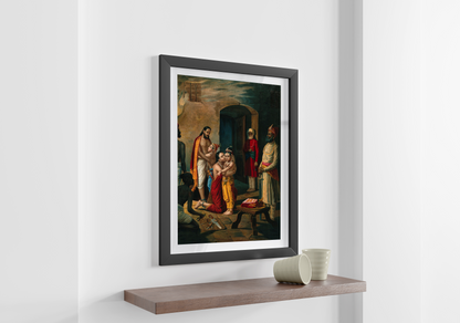 Krishna freeing his parents (Vasudeo and Devki) from prison by Raja Ravi Varma Wall Art Painting