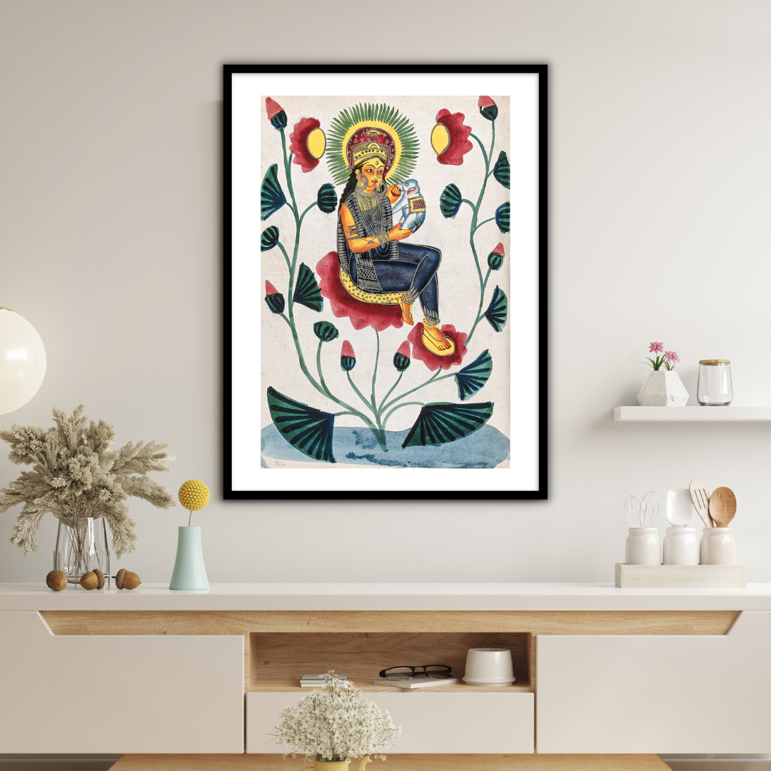 A goddess on a flowering plant holding a baby Elephant Kalighat Painting Framed Wall Art