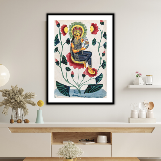 A goddess on a flowering plant holding a baby Elephant Kalighat Painting Framed Wall Art